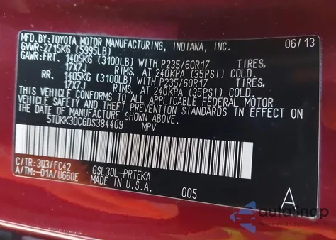 2013 Toyota Sienna Le V6 8 Passenger z USA, uszkodzony, nr VIN 5TDKK3DC6DS384409